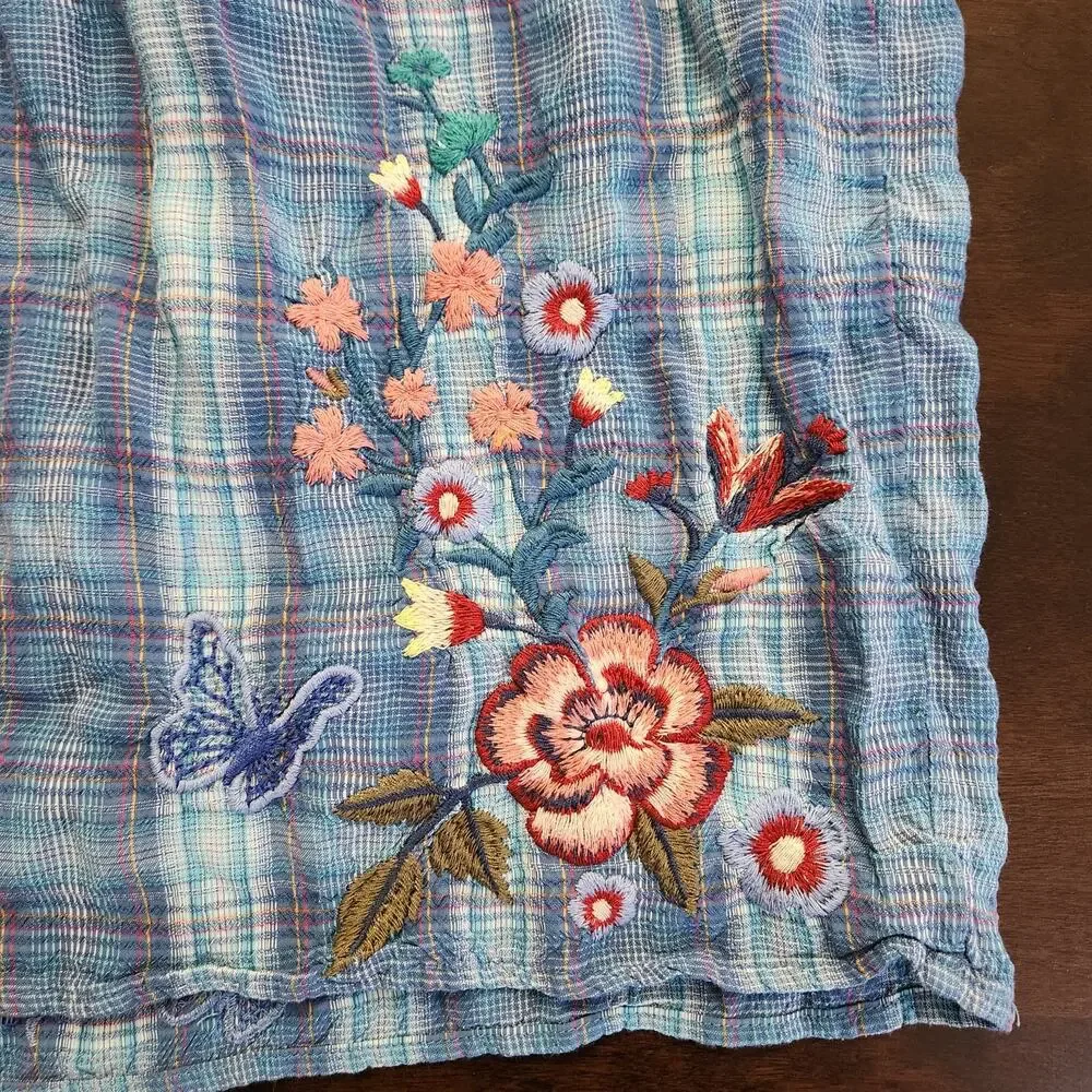 Johnny Was Aimee Puff Sleeve Floral Embroidered Tartan Plaid Peasant Top SzSmall